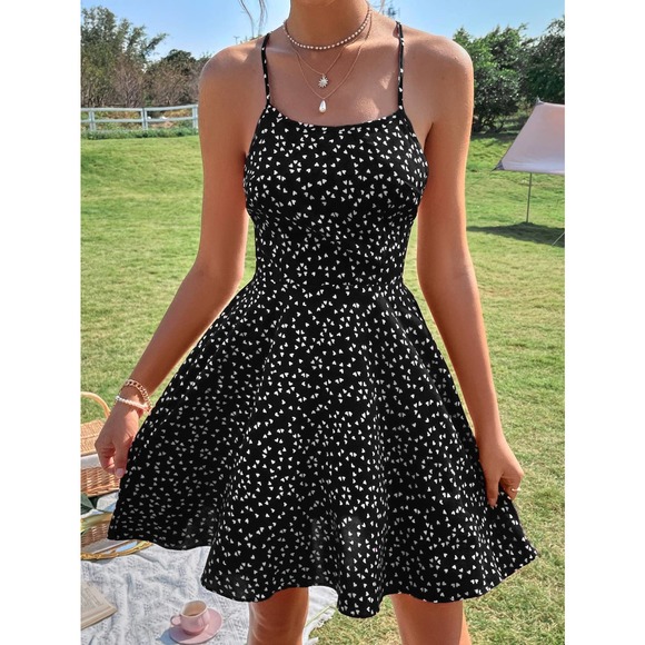 Boho Backless Heart Print Crisscross Tie Back Cami Dress red - Picture 9 of 9